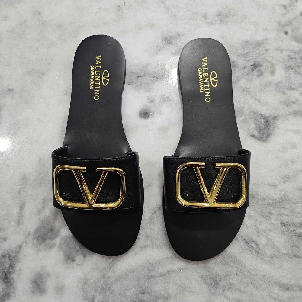 Valentino Garavani Black Sandals with Gold Logo *PLEASE READ DESCRIPTION*